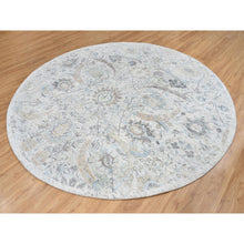 Load image into Gallery viewer, 9&#39;9&quot;x9&#39;9&quot; Ivory And Blue, Silk With Textured Wool Hand Knotted, Sickle Leaf Design Soft Pile, Round Oriental Rug FWR387972