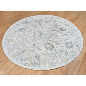 9'9"x9'9" Ivory And Blue, Silk With Textured Wool Hand Knotted, Sickle Leaf Design Soft Pile, Round Oriental Rug FWR387972