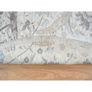 9'9"x9'9" Ivory And Blue, Silk With Textured Wool Hand Knotted, Sickle Leaf Design Soft Pile, Round Oriental Rug FWR387972