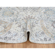 Load image into Gallery viewer, 9&#39;9&quot;x9&#39;9&quot; Ivory And Blue, Silk With Textured Wool Hand Knotted, Sickle Leaf Design Soft Pile, Round Oriental Rug FWR387972