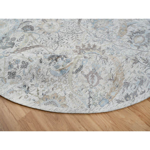 9'9"x9'9" Ivory And Blue, Silk With Textured Wool Hand Knotted, Sickle Leaf Design Soft Pile, Round Oriental Rug FWR387972