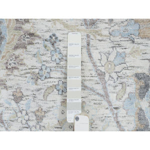 9'9"x9'9" Ivory And Blue, Silk With Textured Wool Hand Knotted, Sickle Leaf Design Soft Pile, Round Oriental Rug FWR387972
