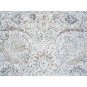 9'9"x9'9" Ivory And Blue, Silk With Textured Wool Hand Knotted, Sickle Leaf Design Soft Pile, Round Oriental Rug FWR387972