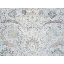 Load image into Gallery viewer, 9&#39;9&quot;x9&#39;9&quot; Ivory And Blue, Silk With Textured Wool Hand Knotted, Sickle Leaf Design Soft Pile, Round Oriental Rug FWR387972