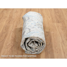 Load image into Gallery viewer, 9&#39;9&quot;x9&#39;9&quot; Ivory And Blue, Silk With Textured Wool Hand Knotted, Sickle Leaf Design Soft Pile, Round Oriental Rug FWR387972