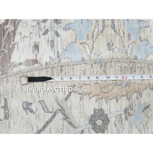 9'9"x9'9" Ivory And Blue, Silk With Textured Wool Hand Knotted, Sickle Leaf Design Soft Pile, Round Oriental Rug FWR387972