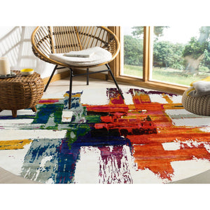 8'9"x8'9" Colorful, Wool and Sari Silk, Hand Knotted, Modern Abstract Motifs Painter's Brush Strokes, Round Oriental Rug FWR387990