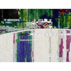 8'9"x8'9" Colorful, Wool and Sari Silk, Hand Knotted, Modern Abstract Motifs Painter's Brush Strokes, Round Oriental Rug FWR387990