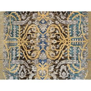 2'6"x18' Gold Brown, Hand Knotted, Transitional Sarouk, Silk with Textured Wool, XL Runner Oriental Rug FWR388062