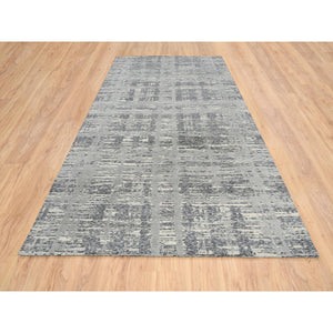 6'2"x12' Light Gray, Hand Spun Undyed Natural Wool, Hand Knotted, Modern Criss Cross Erased Design, Gallery Size Runner Oriental Rug FWR388146