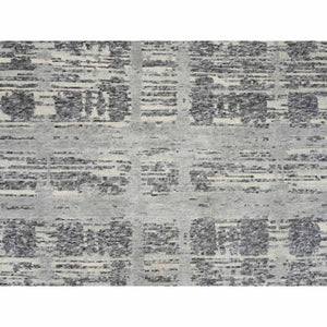 6'2"x12' Light Gray, Hand Spun Undyed Natural Wool, Hand Knotted, Modern Criss Cross Erased Design, Gallery Size Runner Oriental Rug FWR388146