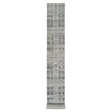 Load image into Gallery viewer, 2&#39;6&quot;x22&#39; Light Gray, Hand Knotted, Modern Criss Cross Erased Design, Hand Spun Undyed Natural Wool, XL Runner Oriental Rug FWR388170