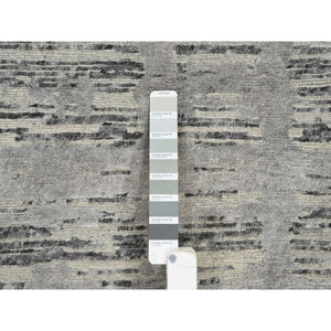 2'6"x22' Light Gray, Hand Knotted, Modern Criss Cross Erased Design, Hand Spun Undyed Natural Wool, XL Runner Oriental Rug FWR388170