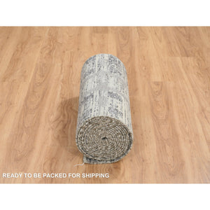 2'6"x22' Light Gray, Hand Knotted, Modern Criss Cross Erased Design, Hand Spun Undyed Natural Wool, XL Runner Oriental Rug FWR388170