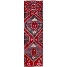 Load image into Gallery viewer, 2&#39;7&quot;x9&#39;5&quot; Crimson Red, Vintage Persian Hamadan with Serrated Geometric Design, Bird Figurines, 100% Wool, Hand Knotted, Cropped Thin, Zero Pile, Sides and Ends Professionally Secured, Good Condition, Narrow Runner, Oriental Rug Sh646 FWR3876