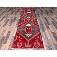 Load image into Gallery viewer, 2&#39;7&quot;x9&#39;5&quot; Crimson Red, Vintage Persian Hamadan with Serrated Geometric Design, Bird Figurines, 100% Wool, Hand Knotted, Cropped Thin, Zero Pile, Sides and Ends Professionally Secured, Good Condition, Narrow Runner, Oriental Rug Sh646 FWR3876