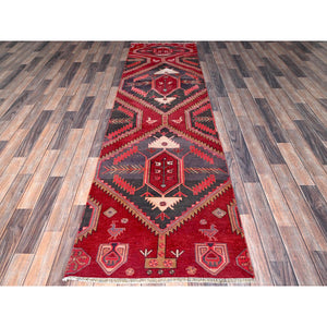 2'7"x9'5" Crimson Red, Vintage Persian Hamadan with Serrated Geometric Design, Bird Figurines, 100% Wool, Hand Knotted, Cropped Thin, Zero Pile, Sides and Ends Professionally Secured, Good Condition, Narrow Runner, Oriental Rug Sh646 FWR3876