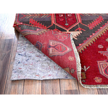 Load image into Gallery viewer, 2&#39;7&quot;x9&#39;5&quot; Crimson Red, Vintage Persian Hamadan with Serrated Geometric Design, Bird Figurines, 100% Wool, Hand Knotted, Cropped Thin, Zero Pile, Sides and Ends Professionally Secured, Good Condition, Narrow Runner, Oriental Rug Sh646 FWR3876
