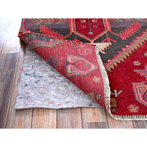 2'7"x9'5" Crimson Red, Vintage Persian Hamadan with Serrated Geometric Design, Bird Figurines, 100% Wool, Hand Knotted, Cropped Thin, Zero Pile, Sides and Ends Professionally Secured, Good Condition, Narrow Runner, Oriental Rug Sh646 FWR3876