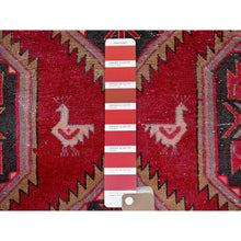 Load image into Gallery viewer, 2&#39;7&quot;x9&#39;5&quot; Crimson Red, Vintage Persian Hamadan with Serrated Geometric Design, Bird Figurines, 100% Wool, Hand Knotted, Cropped Thin, Zero Pile, Sides and Ends Professionally Secured, Good Condition, Narrow Runner, Oriental Rug Sh646 FWR3876