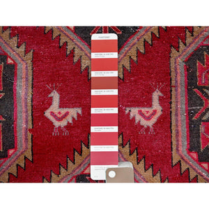 2'7"x9'5" Crimson Red, Vintage Persian Hamadan with Serrated Geometric Design, Bird Figurines, 100% Wool, Hand Knotted, Cropped Thin, Zero Pile, Sides and Ends Professionally Secured, Good Condition, Narrow Runner, Oriental Rug Sh646 FWR3876
