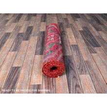 Load image into Gallery viewer, 2&#39;7&quot;x9&#39;5&quot; Crimson Red, Vintage Persian Hamadan with Serrated Geometric Design, Bird Figurines, 100% Wool, Hand Knotted, Cropped Thin, Zero Pile, Sides and Ends Professionally Secured, Good Condition, Narrow Runner, Oriental Rug Sh646 FWR3876