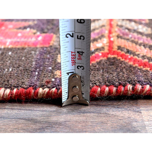 2'7"x9'5" Crimson Red, Vintage Persian Hamadan with Serrated Geometric Design, Bird Figurines, 100% Wool, Hand Knotted, Cropped Thin, Zero Pile, Sides and Ends Professionally Secured, Good Condition, Narrow Runner, Oriental Rug Sh646 FWR3876