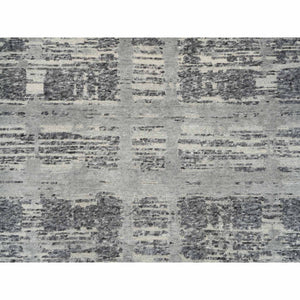 9'2"x11'10" Light Gray, Modern Criss Cross Erased Design, Hand Spun Undyed Natural Wool, Hand Knotted, Oriental Rug FWR388224