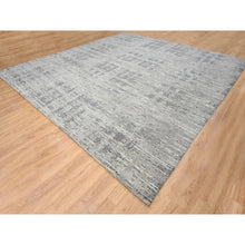 Load image into Gallery viewer, 14&#39;x14&#39; Light Gray, Modern Criss Cross Erased Design, Hand Spun Undyed Natural Wool, Hand Knotted, Square Oriental Rug FWR388260