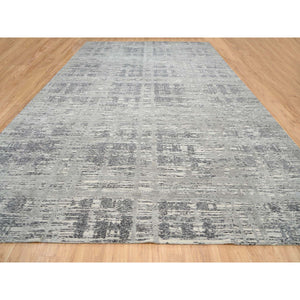 12'x18'3" Light Gray, Hand Knotted, Modern Criss Cross Erased Design, Hand Spun Undyed Natural Wool, Oversized Oriental Rug FWR388284