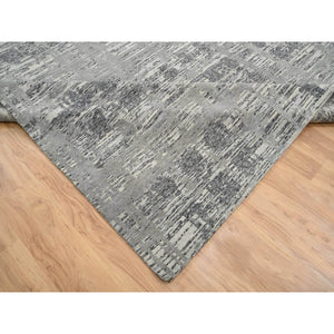 12'x18'3" Light Gray, Hand Knotted, Modern Criss Cross Erased Design, Hand Spun Undyed Natural Wool, Oversized Oriental Rug FWR388284