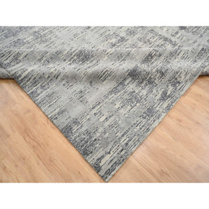 13'10"x20'2" Light Gray, Hand Spun Undyed Natural Wool, Hand Knotted, Modern Criss Cross Erased Design, Oversized Oriental Rug FWR388290