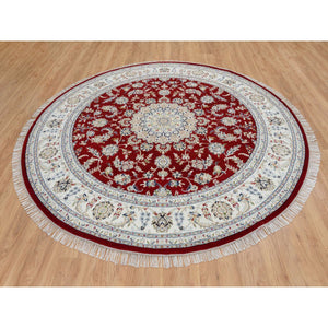 8'x8' Cherry Red, Pure Wool Hand Knotted, Nain with Center Medallion Flower Design 250 KPSI, Round Oriental Rug FWR388314