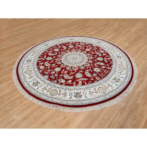 8'x8' Cherry Red, Pure Wool Hand Knotted, Nain with Center Medallion Flower Design 250 KPSI, Round Oriental Rug FWR388314