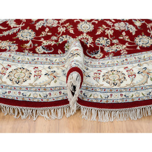 8'x8' Cherry Red, Pure Wool Hand Knotted, Nain with Center Medallion Flower Design 250 KPSI, Round Oriental Rug FWR388314