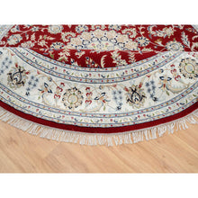 Load image into Gallery viewer, 8&#39;x8&#39; Cherry Red, Pure Wool Hand Knotted, Nain with Center Medallion Flower Design 250 KPSI, Round Oriental Rug FWR388314