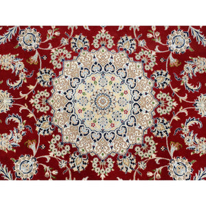 8'x8' Cherry Red, Pure Wool Hand Knotted, Nain with Center Medallion Flower Design 250 KPSI, Round Oriental Rug FWR388314