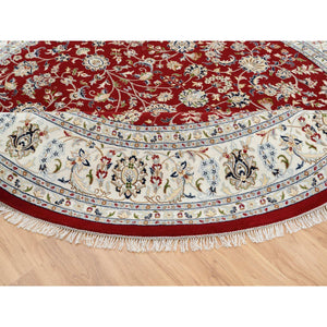 9'1"x9'1" Cherry Red, Hand Knotted Nain With All Over Flower Design, 250 Kpsi Wool, Round Oriental Rug FWR388368