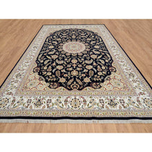 Load image into Gallery viewer, 9&#39;10&quot;x14&#39;3&quot; Midnight Blue, Hand Knotted, Nain With Flower Medallion Design, Wool, 250 Kpsi, Oriental Rug FWR388464