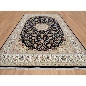 9'10"x14'3" Midnight Blue, Hand Knotted, Nain With Flower Medallion Design, Wool, 250 Kpsi, Oriental Rug FWR388464