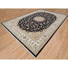 Load image into Gallery viewer, 9&#39;10&quot;x14&#39;3&quot; Midnight Blue, Hand Knotted, Nain With Flower Medallion Design, Wool, 250 Kpsi, Oriental Rug FWR388464