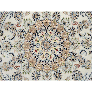 6'x6' Ivory, Nain with Center Medallion Flower Design, 250 KPSI, Wool, Hand Knotted, Round Oriental Rug FWR388476