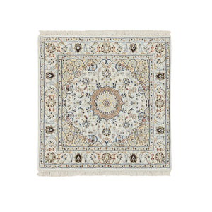3'1"x3'1" Ivory, 250 KPSI, Nain with Center Medallion Flower Design, Wool, Hand Knotted, Square Oriental Rug FWR388542