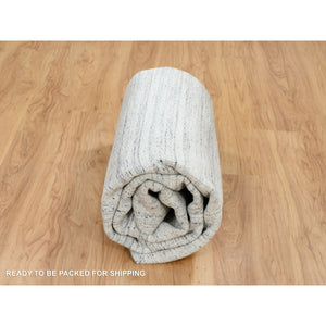 8'x8' Ivory, Hand Loomed Plain Modern Striae Design, Soft Pile Natural Wool, Square Oriental Rug FWR388626