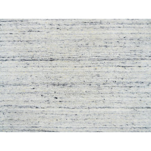 2'6"x11'10" Ivory, Hand Loomed Plain Modern Striae Design, Soft Pile Natural Wool, Runner Oriental Rug FWR388686