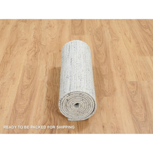 2'6"x11'10" Ivory, Hand Loomed Plain Modern Striae Design, Soft Pile Natural Wool, Runner Oriental Rug FWR388686