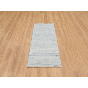 2'6"x6' Ivory, Pure Wool Hand Loomed, Plain Modern Striae Design Soft Pile, Runner Oriental Rug FWR388722