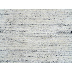 2'6"x6' Ivory, Pure Wool Hand Loomed, Plain Modern Striae Design Soft Pile, Runner Oriental Rug FWR388722