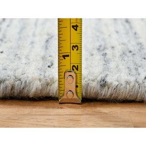 2'6"x6' Ivory, Pure Wool Hand Loomed, Plain Modern Striae Design Soft Pile, Runner Oriental Rug FWR388722