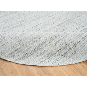 11'10"x11'10" Ivory, Plain Modern Striae Design Soft Pile, Natural Wool Hand Loomed, Round Oriental Rug FWR388776